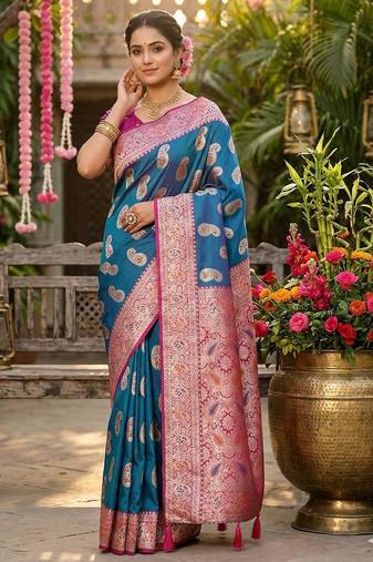 Skyblue color silk blend zari weaving work saree with blouse
