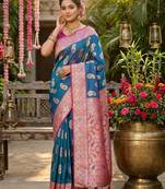Skyblue color silk blend zari weaving work saree with blouse