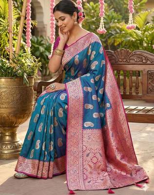 Skyblue color silk blend zari weaving work saree with blouse 3