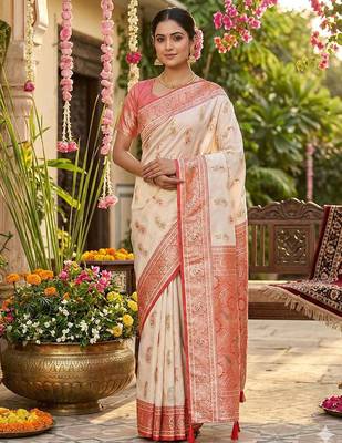 White color silk blend zari weaving work saree with blouse 1