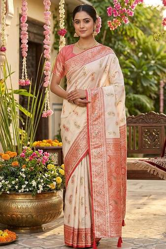 White color silk blend zari weaving work saree with blouse