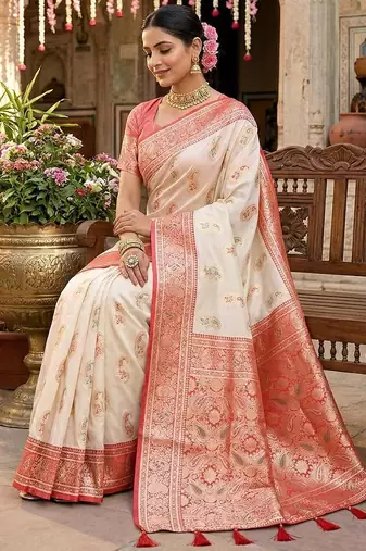 White color silk blend zari weaving work saree with blouse