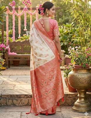White color silk blend zari weaving work saree with blouse 3