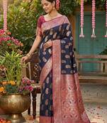 Navyblue color silk blend zari weaving work saree with blouse