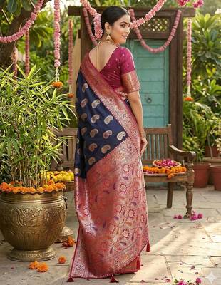 Navyblue color silk blend zari weaving work saree with blouse 2