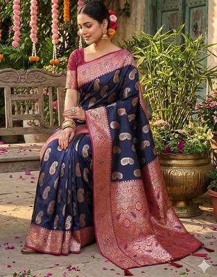 Navyblue color silk blend zari weaving work saree with blouse 3