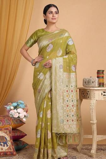 Musturd color linen cotton zari woven exclusive saree with blouse