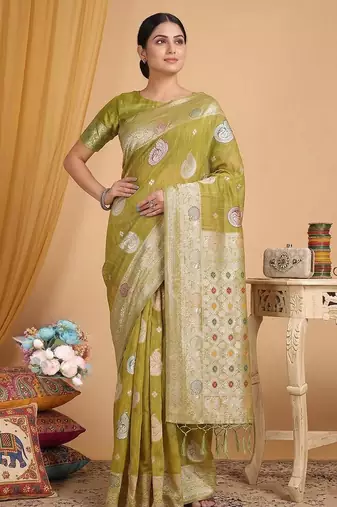 Musturd color linen cotton zari woven exclusive saree with blouse