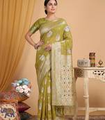 Musturd color linen cotton zari woven exclusive saree with blouse