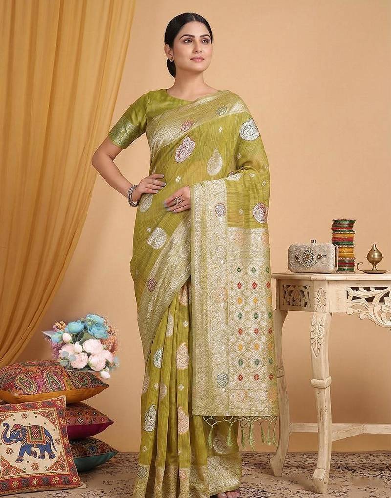 Musturd color linen cotton zari woven exclusive saree with blouse