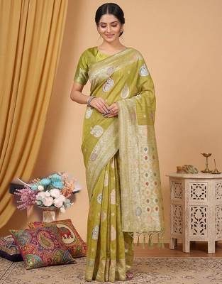 Musturd linen cotton zari woven exclusive saree with blouse 2