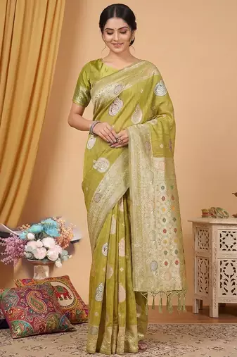 Musturd color linen cotton zari woven exclusive saree with blouse