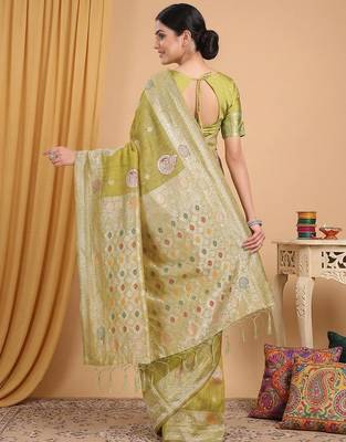 Musturd linen cotton zari woven exclusive saree with blouse 3