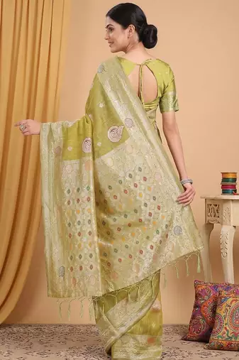 Musturd color linen cotton zari woven exclusive saree with blouse