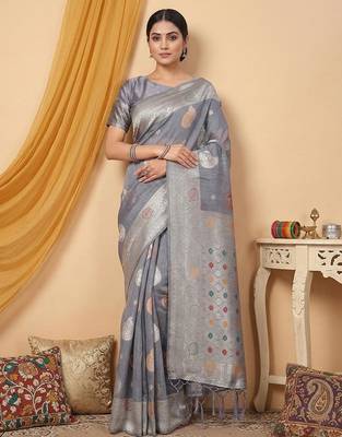 Grey color linen cotton zari woven exclusive saree with blouse 1