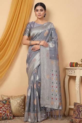 Grey color linen cotton zari woven exclusive saree with blouse