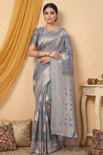 Grey color linen cotton zari woven exclusive saree with blouse
