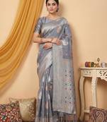 Grey color linen cotton zari woven exclusive saree with blouse