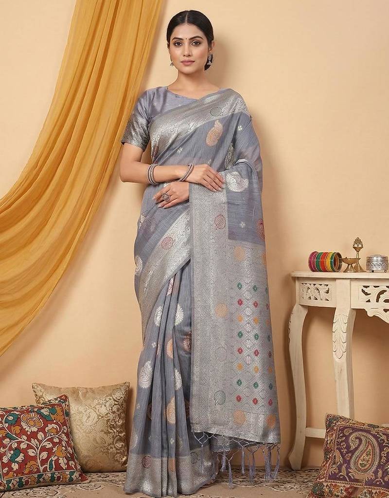 Grey color linen cotton zari woven exclusive saree with blouse