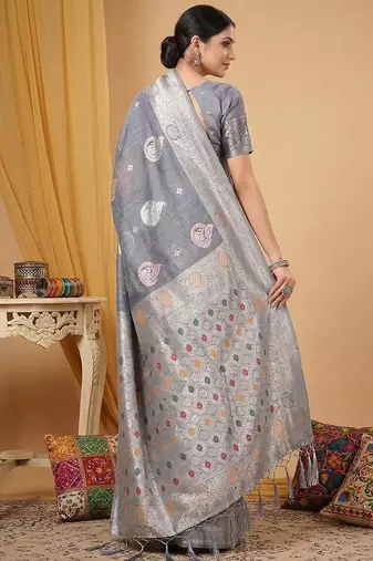 Grey color linen cotton zari woven exclusive saree with blouse
