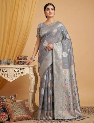 Grey color linen cotton zari woven exclusive saree with blouse 3