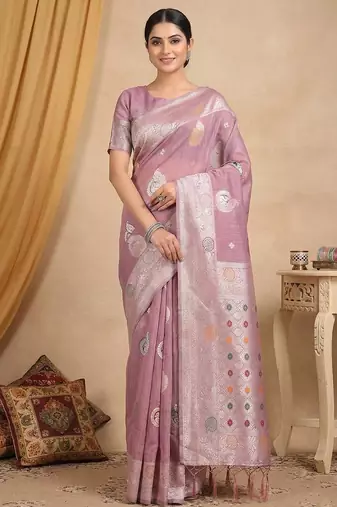 Purple color linen cotton zari woven exclusive saree with blouse