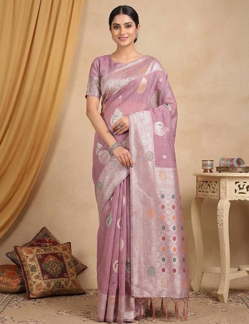 Purple color linen cotton zari woven exclusive saree with blouse