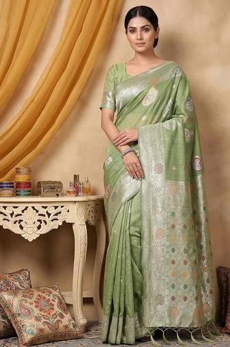 Light green color linen cotton zari woven exclusive saree with blouse