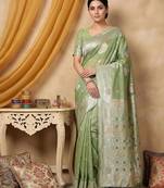 Light green color linen cotton zari woven exclusive saree with blouse