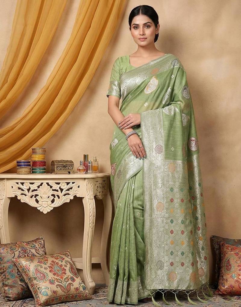 Light green color linen cotton zari woven exclusive saree with blouse