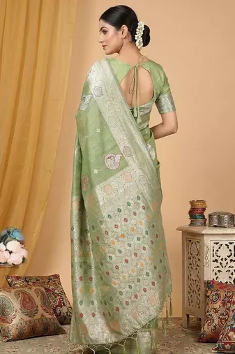 Light green color linen cotton zari woven exclusive saree with blouse
