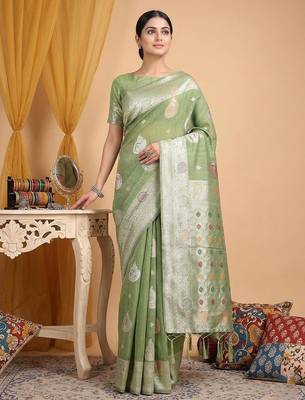 Light green color linen cotton zari woven exclusive saree with blouse 3