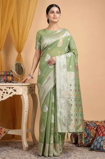 Light green color linen cotton zari woven exclusive saree with blouse
