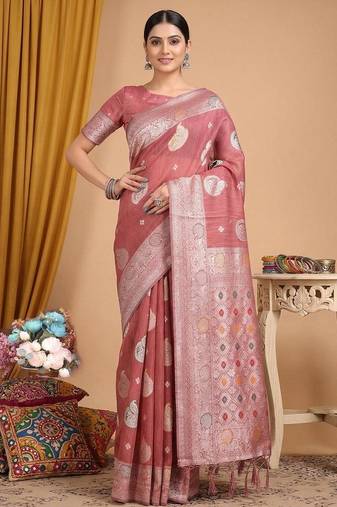 Pink color linen cotton zari woven exclusive saree with blouse