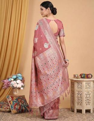 Pink color linen cotton zari woven exclusive saree with blouse 2