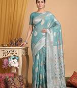 Sea green color linen cotton zari woven exclusive saree with blouse