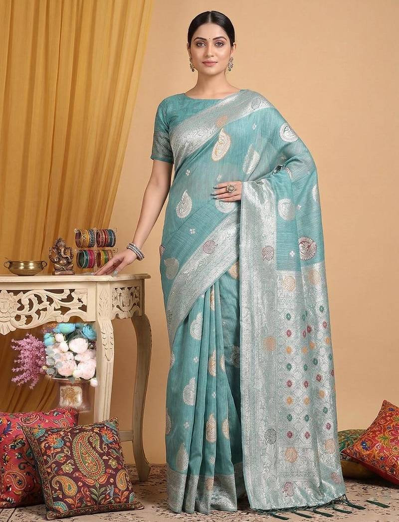 Sea green color linen cotton zari woven exclusive saree with blouse