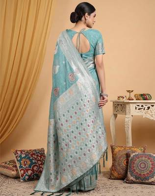 Sea green color linen cotton zari woven exclusive saree with blouse 2