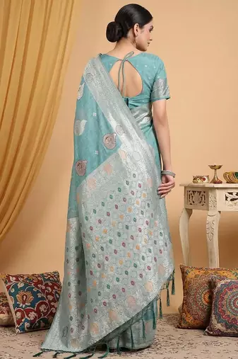 Sea green color linen cotton zari woven exclusive saree with blouse