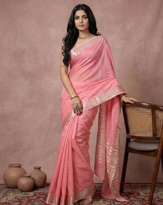 Pink cotton zari temple border casual saree with blouse 1