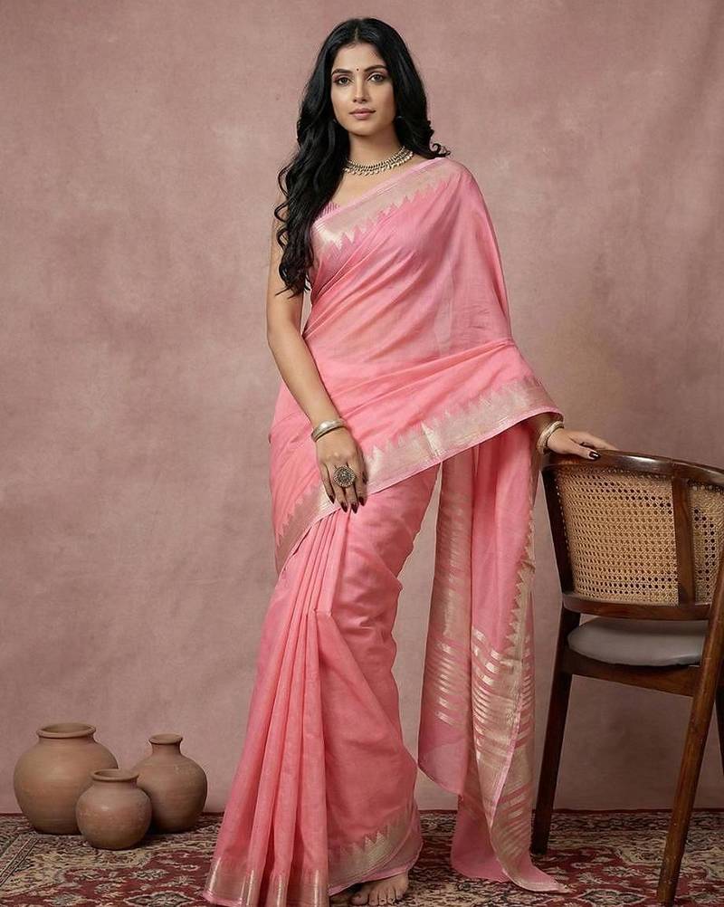 Pink color cotton zari temple border casual saree with blouse