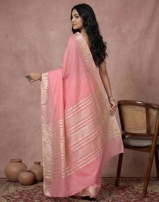 Pink cotton zari temple border casual saree with blouse 2