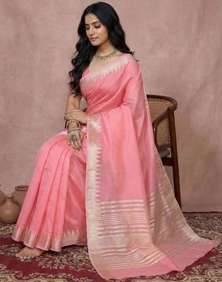 Pink cotton zari temple border casual saree with blouse 3
