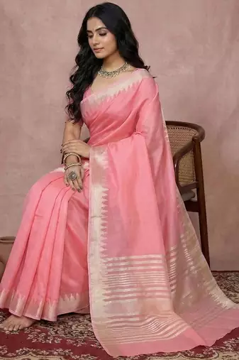 Pink color cotton zari temple border casual saree with blouse