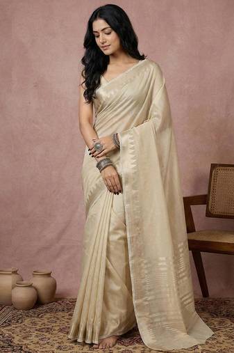 Cream color cotton zari temple border casual saree with blouse