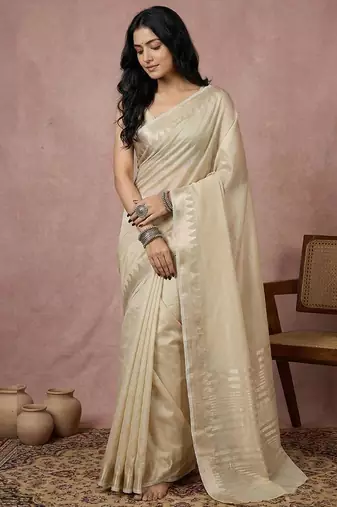 Cream color cotton zari temple border casual saree with blouse