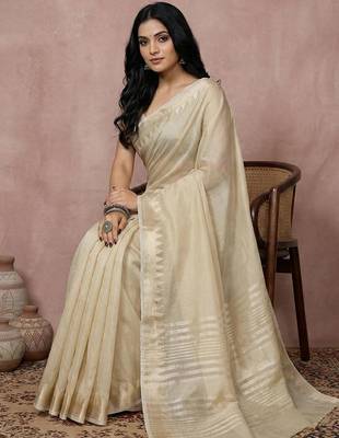 Cream color cotton zari temple border casual saree with blouse 2