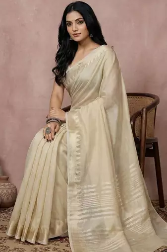 Cream color cotton zari temple border casual saree with blouse
