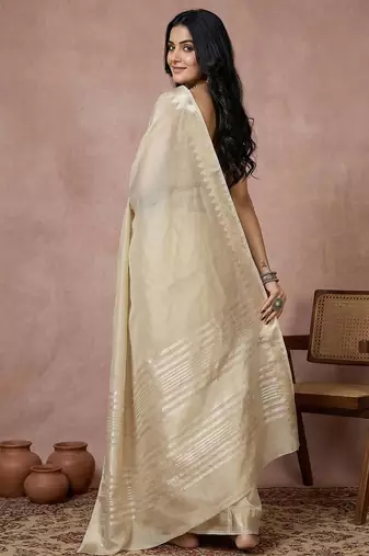Cream color cotton zari temple border casual saree with blouse