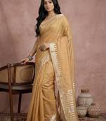 Golden color cotton zari temple border casual saree with blouse